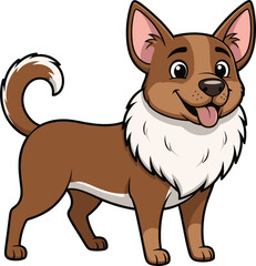 Cute smiling brown cartoon dog with fluffy white fur, happy pet character illustration, playful puppy vector design for kids and animation