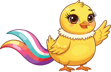 Cute yellow cartoon bird with rainbow tail, adorable fantasy chick illustration, colorful baby bird character for kids and nursery art