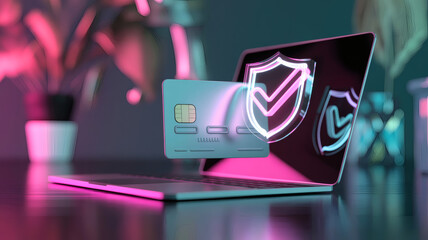 neon cyber security payment card with shield check hovering above laptop modern fintech protection concept in pink and blue glow 3d render for online banking privacy and safe transactions