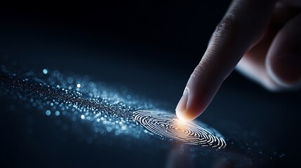 Fingerprint analysis and digital data stream merging with glowing particles on a dark background