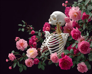 Skeleton surrounded by vibrant pink and red roses with green leaves on dark background, creating striking contrast and surreal mood