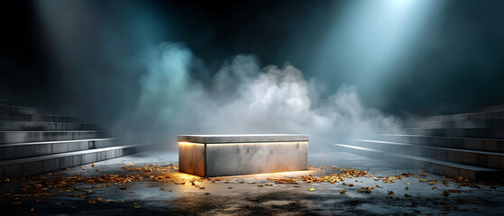 Empty stone tombstone illuminated by dramatic light with fog and fallen leaves on ground in dark environment