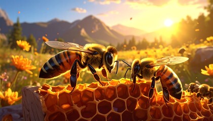 Two bees on a honeycomb, illuminated by a sunlit meadow of wildflowers with a mountain backdrop