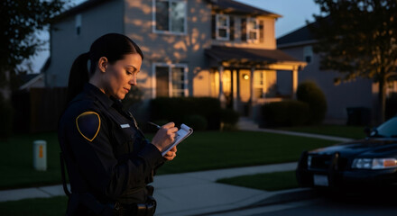 Woman police officer writing report on clipboard during sunset. Law enforcement official document record for investigation and police work.
