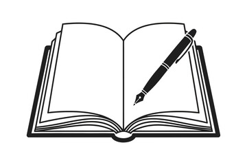 Open Book with Fountain Pen Line Art Illustration