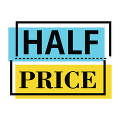 Retro Blue and Yellow &ldquo;Half Price&rdquo; Promotional Label Vector