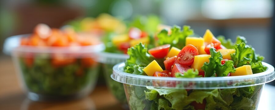 Several clear plastic containers hold fresh salads. One salad has lettuce, chopped tomatoes, and mango cubes, offering a healthy meal choice. Another salad contains bright orange vegetables. - Powered by Adobe