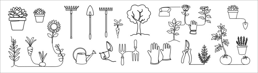 One line gardening icons set with plants, tools, and flowers in minimalist continuous line art style.