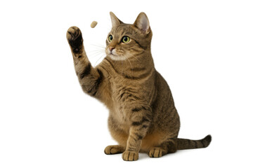 Obraz premium Tabby cat reaching for a falling treat, pet playing and catching food isolated on transparent background