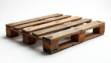 Worn wooden pallet rests on clean white surface. Old wood planks show age and texture. This cargo support platform is ready for use in shipping and logistics.