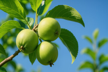 Close up of green unripe apple fruit growing on tree branch with fresh leaf against blue sky. Peaceful orchard scene with bright sunlight showing organic agriculture