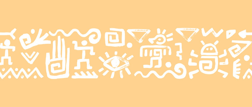 Seamless vector border pattern in white and beige with mexican, african and aztec tribal symbol. Vintage afro native design featuring triangle, bug, eye and tattoo elements by america maori art