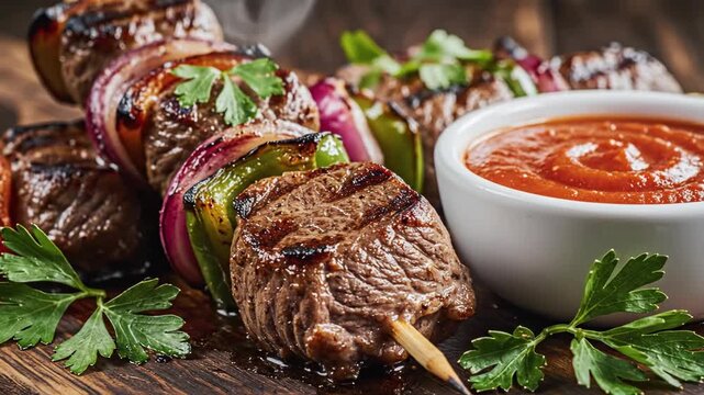 Grilled Meat Skewers with Vegetables and Spicy Dipping Sauce