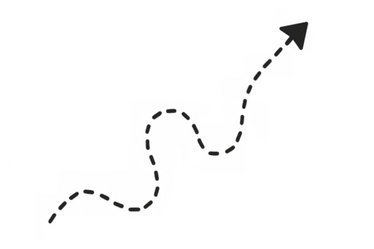 Dotted line arrow moving upward, indicating progress, growth, and a winding path to success with transparent background
