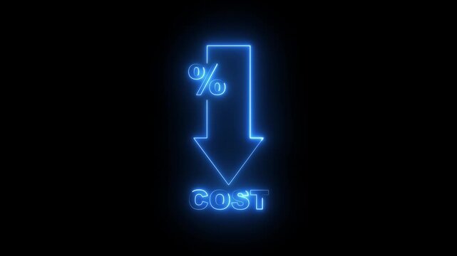 glowing neon Cost reduction icon concept. Cost reduction icon business finance concept, budget management and cost management. down arrow with cost. Economy recession, low budget, Effective business.