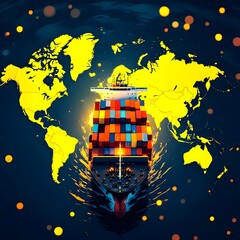 Cargo ship sails global map-themed ocea