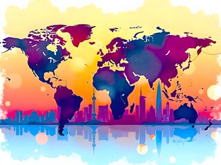 world map on city  background