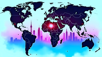 world map on city  background