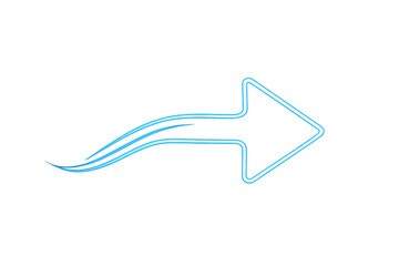 Glowing blue neon arrow showing forward direction with light trail on transparent background