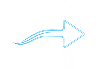 Glowing blue neon arrow showing forward direction with light trail on transparent background