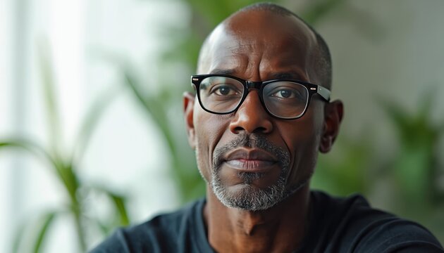 Serious middle-aged man with dark skin wears glasses and shirt. He looks directly at camera in close portrait. Blurred plant background adds depth to this realistic headshot of adult male.