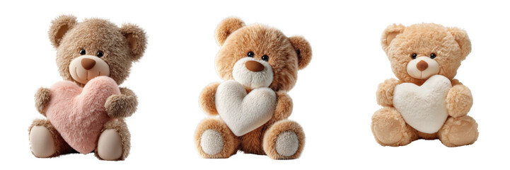 Set of Adorable teddy bears holding hearts. isolated on a transparent background.