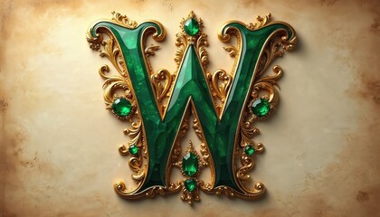 Ornate capital letter W featuring gold filigree and green emerald gems. Vintage decorative initial in baroque style. Royal elegant monogram on parchment background.