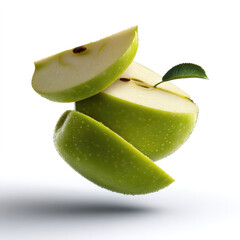Floating green apple slices with leaf, fresh juicy texture, isolated on white background, healthy food concept, vibrant and clean look
