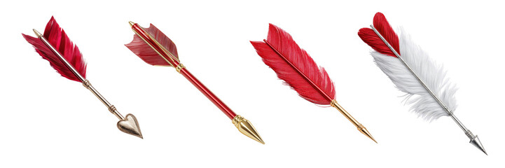 Set of Collection of decorative arrows with feathers. isolated on a transparent background.