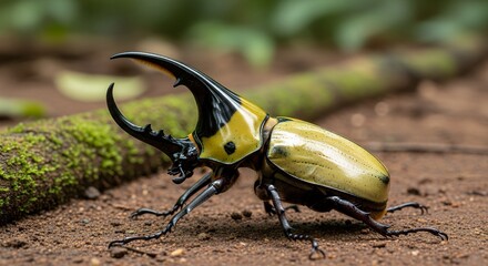 Close up macro view of a large horned beetle walking on damp soil surrounded by moss, showing the strength and beauty of exotic tropical insects
