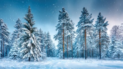 Fototapeta premium Serene Winter Forest Landscape with Snow Covered Trees and Gentle Falling Snowflakes in Blue Tones