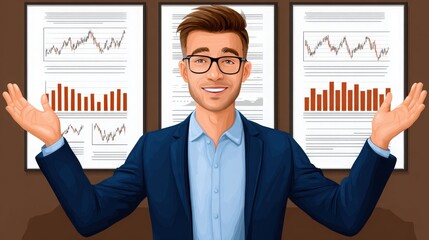 Confident Businessperson in Front of Financial Graphs and Reports, Smiling and Presenting Data Insights for Success