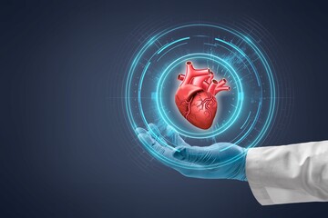 Doctor's hand hold human heart with anatomy icons.