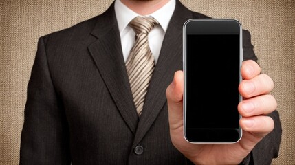 Businessman in Suit Holding a Smartphone with Blank Screen Ready for Use in Professional Settings