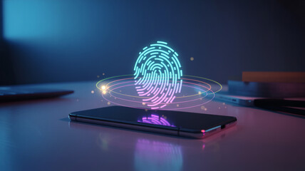 smartphone on desk with glowing fingerprint hologram showcasing biometric authentication and mobile security in neon ambient lighting