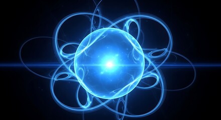 A vibrant, glowing blue sphere radiates energy surrounded by looping, ethereal, luminous rings on a stark black background