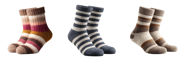 Set of Cozy striped socks arranged for comfort. isolated on a transparent background.