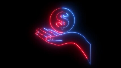 Glowing neon dollar hand icon, save money, salary money, invest finance, black background.  neon Dollar sign with hand icon animation. US Stock exchange icon. Human hand giving money icon. - Powered by Adobe