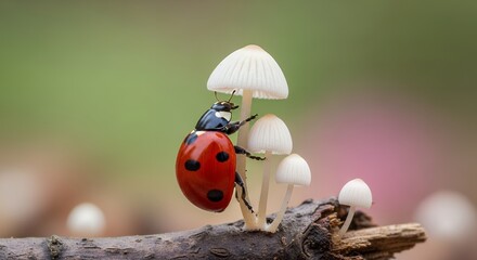 Close up of a vibrant red ladybug crawling up delicate white mushrooms on a branch, symbolizing harmony and connection in nature’s miniature world