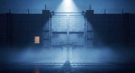 Prison gates with barbed wire fence at night. Concept of isolation and confinement for crime and punishment. Dramatic lighting scenario for digital art or game environment.