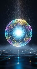 A vibrant, glowing sphere with intricate, interconnected lines hovers above a hazy, textured surface against a dark, starry background