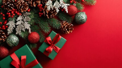 Festive Christmas Arrangement with Gifts, Pinecones, and Ornaments on a Red Background for Holiday Season