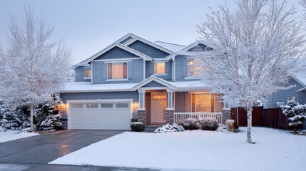 Inviting Two-Story Suburban Home Exterior in Winter, Showcasing Snow-Covered Landscape and Warm Interior Lighting