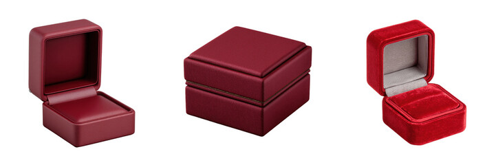 Set of Elegant red jewelry boxes on a sleek surface. isolated on a transparent background.