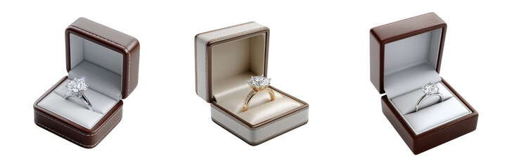 Set of Elegant rings displayed in luxurious boxes. isolated on a transparent background.