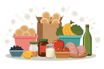 Vector illustration of a collection of groceries including bread, fruits, vegetables, meat, and jars