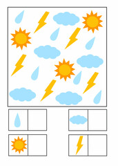Weather counting worksheet for preschoolers. Count suns, clouds, and rain. Perfect for early math and weather lessons.