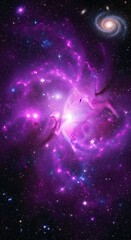 A vibrant nebula, illuminated with brilliant purple and pink hues, swirls against the backdrop of the cosmic dark