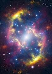 A vibrant nebula dominates a starry expanse. Gas clouds of yellows, reds, and blues encircle a bright, central core. Countless stars scattered