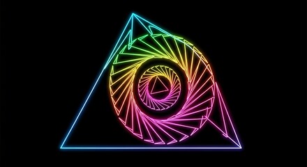 A vibrant neon graphic featuring nested geometric shapes on a stark black background, showcasing spiral and triangular forms
